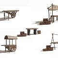 Commercial Outdoor Setup With Wooden Cart Long Table Bench Canopy And Wicker Baskets