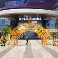 Yellow Frame Decorative Arches with Palm Trees Sunglasses Surfboard Lifebuoy and Clouds
