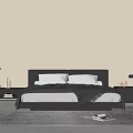 Modern Black Double Bed with Headboard Nightstands Table Lamp Poliform Beige Wall and Rug