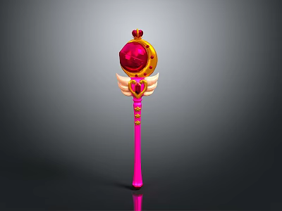 Colorful Enchanted Magic Wand With Red Gem Golden Wings And Pink Shaft 3d model