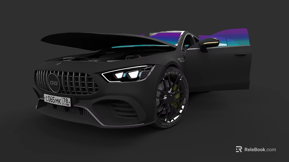 Black Luxury Sports Car With Open Hood Doors Illuminated Headlights And Stylish Wheels 3d model 