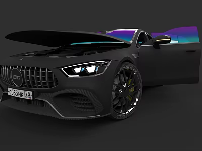Black Luxury Sports Car With Open Hood Doors Illuminated Headlights And Stylish Wheels 3d model