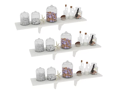 Decorative Ornament Sets On White Wall Shelves With Glass Jars Seashells Nuts And Small Bottles 3d model
