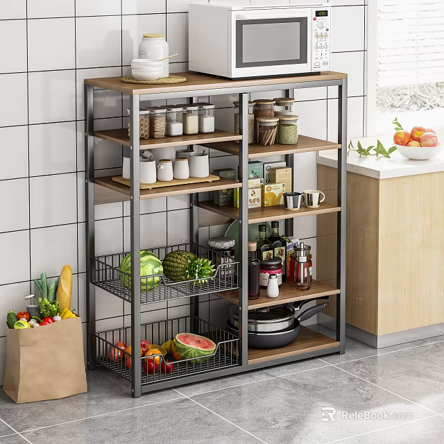 Modern Bathroom Cabinet Rack with Metal Frame Wooden Shelves and Storage Baskets for Toiletries 3d model 