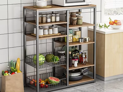 Modern Bathroom Cabinet Rack with Metal Frame Wooden Shelves and Storage Baskets for Toiletries 3d model