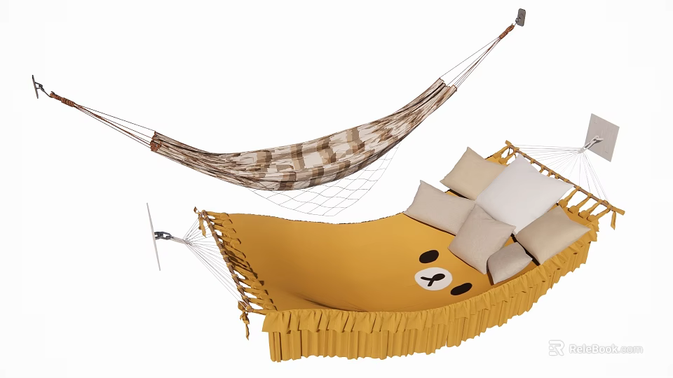 Stylish Hammock with Yellow Panda Face Pattern Brown White Checkered Design and Soft Pillows 3d model