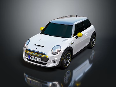White Mini Cooper With Yellow Side Mirrors Black Roof And Black Wheels 3d model