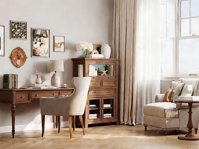 Warm Study Room Interior Featuring Writing Desk Bookshelf Decorative Paintings And Armchair 3d model