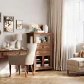 Warm Study Room Interior Featuring Writing Desk Bookshelf Decorative Paintings And Armchair