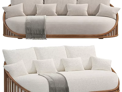 Modern Outdoor Sofa With Wooden Frame Soft Cushions And Throw Blanket 3d model