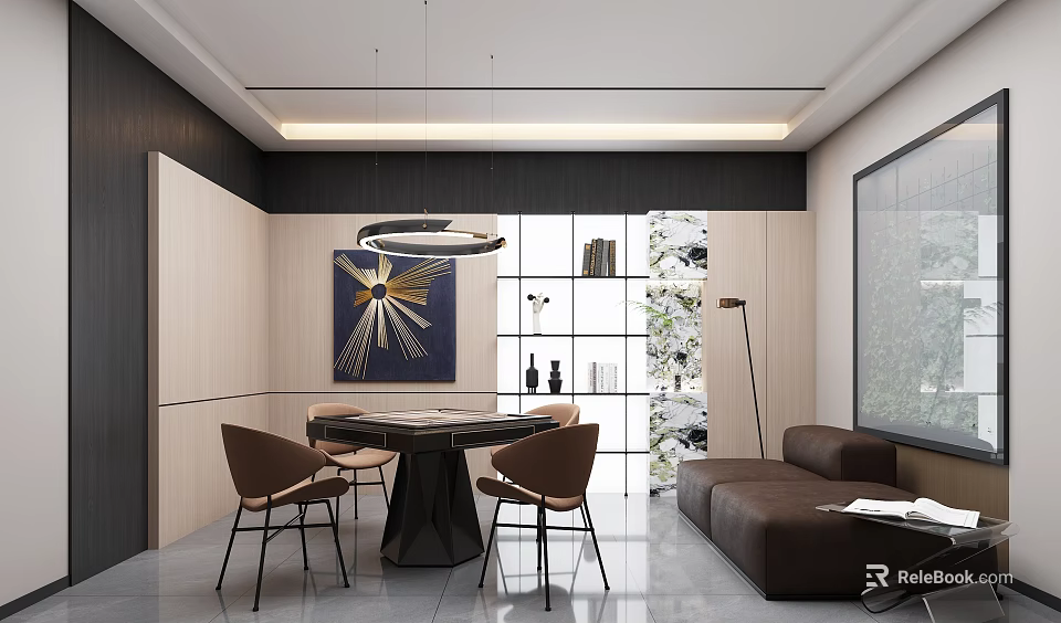 Elegant Modern Hotel Mahjong Room Interior With Round Table Chairs Sofa And Decorative Painting 3d model 