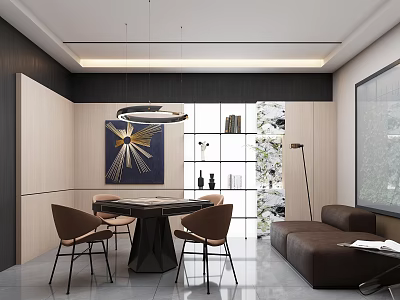 Elegant Modern Hotel Mahjong Room Interior With Round Table Chairs Sofa And Decorative Painting 3d model