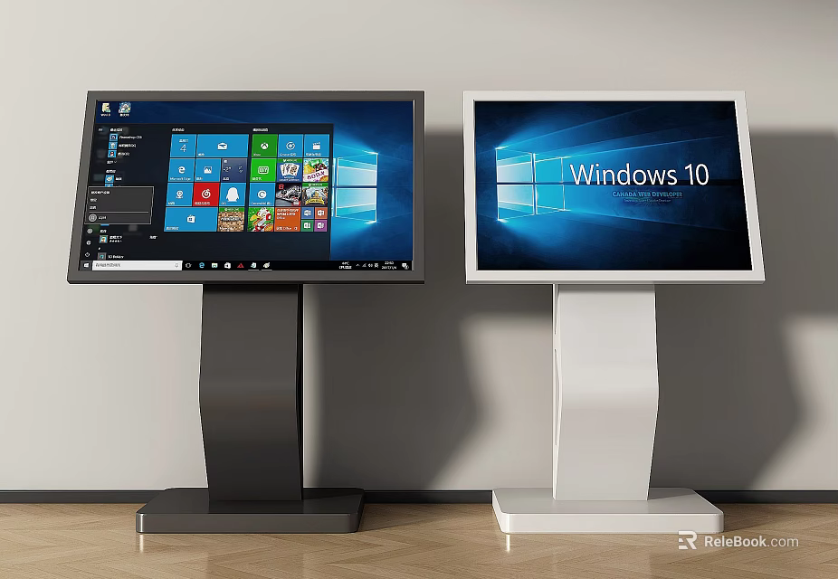 Floor Standing Computer Monitors With Windows 10 Interface And Black White Bases 3d model
