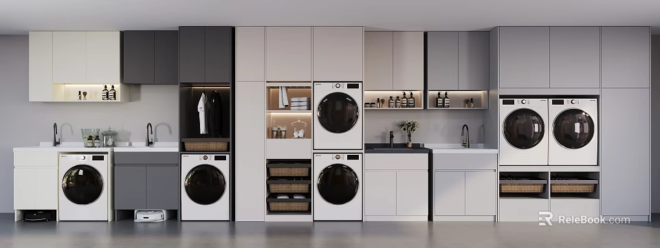 Modern Bathroom Cabinet Rack Design With White Gray Storage Shelves And Toiletries 3d model 
