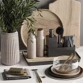 Modern Kitchen Utensils On Countertop With Wooden Cutting Boards Metal Canisters And Green Plant