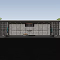 Modern Building Facade Featuring Stone Walls Grille Panels Ceiling Lights And Central Water Feature