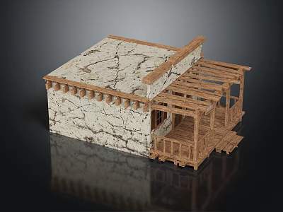 Traditional Rustic House Model With Cracked Stone Walls Wooden Porch And Framework 3d model