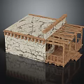 Traditional Rustic House Model With Cracked Stone Walls Wooden Porch And Framework