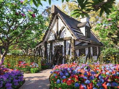 Traditional Wooden Cottage Surrounded by Colorful Flowers and Lush Trees Garden Path 3d model