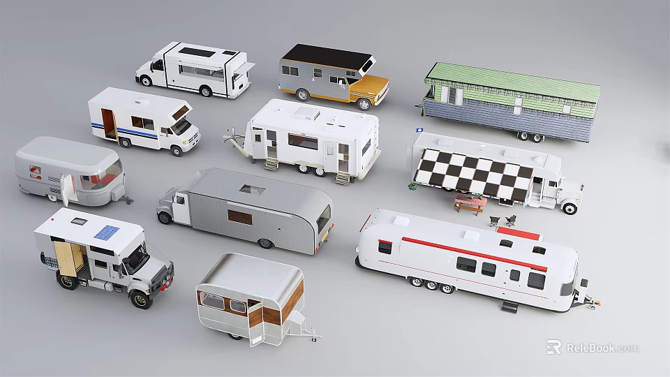 Various Car Models Including Camper Vans Trailers And Different Design Styles 3d model