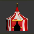 Colorful Circus Tent With Red White Stripes Golden Top And Red Curtains