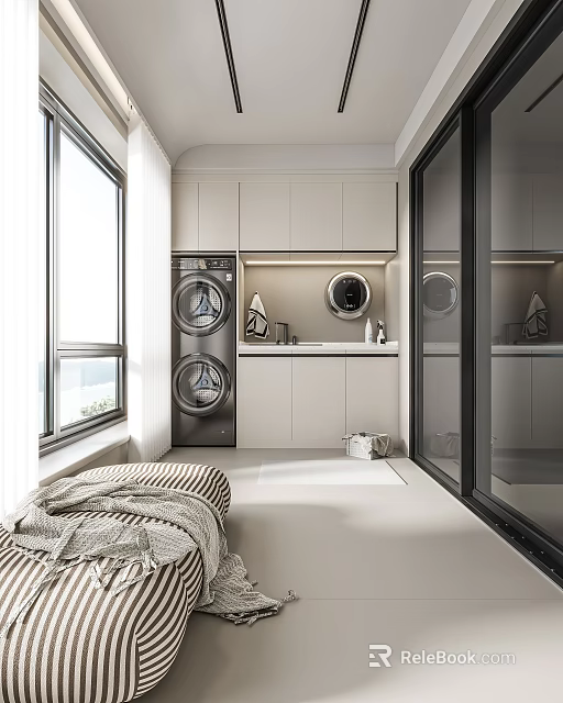 Modern Home Balcony Interior With Washing Machine Dryer Storage Cabinets And Large Window 3d model 