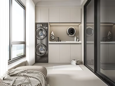 Modern Home Balcony Interior With Washing Machine Dryer Storage Cabinets And Large Window 3d model