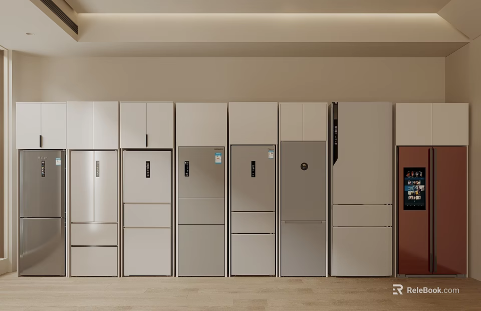 Modern Refrigerators And Freezers Display With Various Styles And Neat Arrangement 3d model 