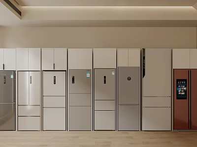 Modern Refrigerators And Freezers Display With Various Styles And Neat Arrangement 3d model