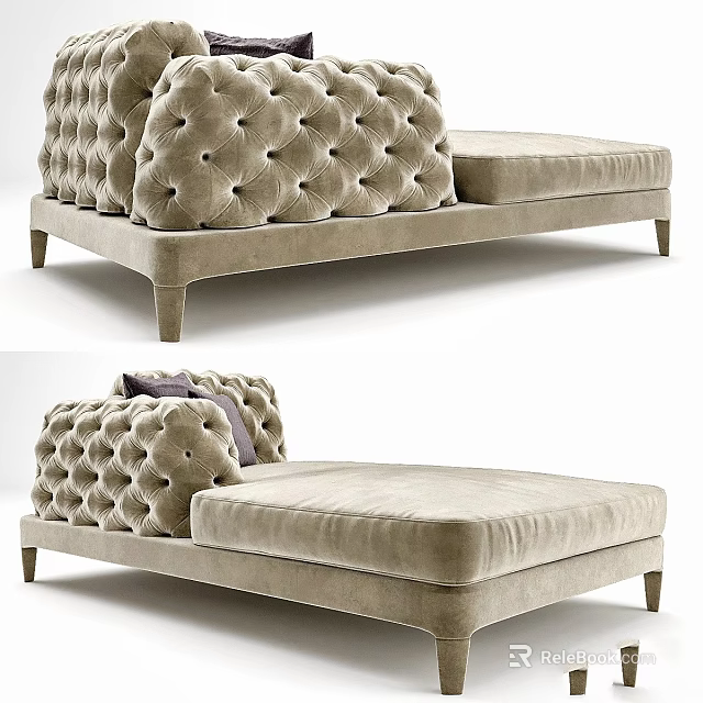 Tufted Beige Sofa Bench With Velvet Upholstery And Wooden Legs For Modern Living Room 3d model 