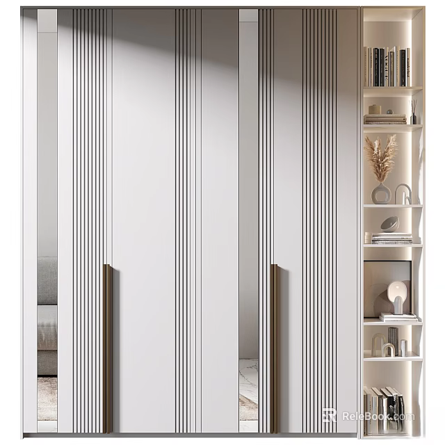 Modern White Wardrobe With Vertical Striped Double Doors And Adjacent Open Shelves With Decor 3d model 