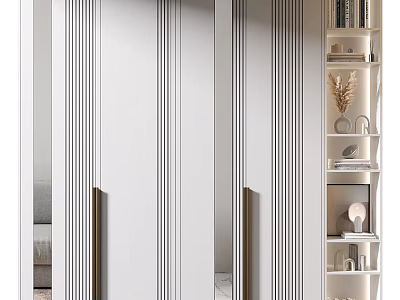 Modern White Wardrobe With Vertical Striped Double Doors And Adjacent Open Shelves With Decor 3d model