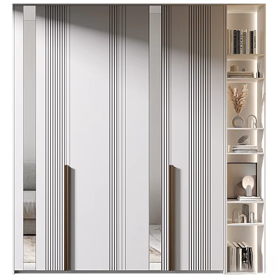 Modern White Wardrobe With Vertical Striped Double Doors And Adjacent Open Shelves With Decor 3d model