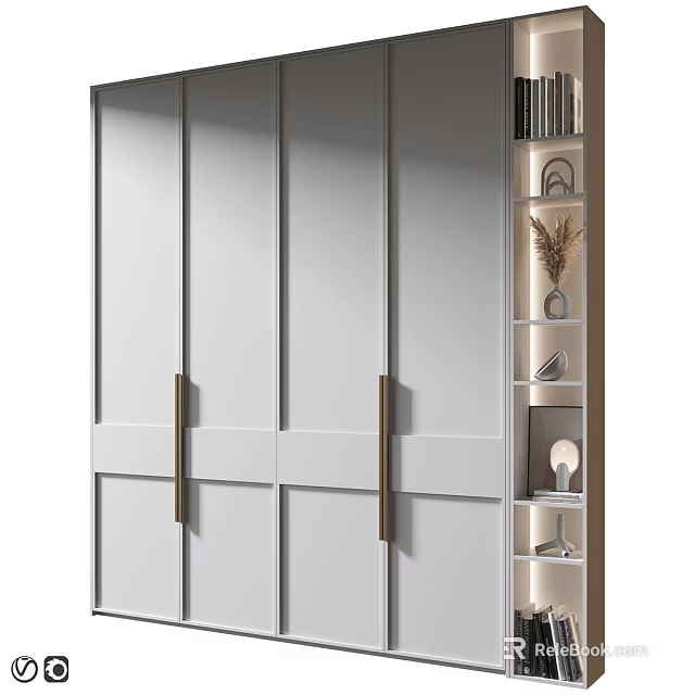 Modern Decorative Cabinet With White Doors Metal Handles Open Shelves Books And Vases 3d model 