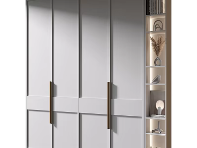 Modern Decorative Cabinet With White Doors Metal Handles Open Shelves Books And Vases 3d model