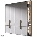 Modern Decorative Cabinet With White Doors Metal Handles Open Shelves Books And Vases