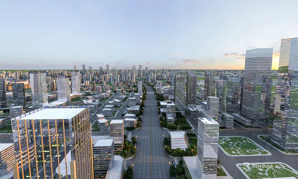 Modern Urban Aerial View Planning With Skyscrapers Wide Avenues Green Spaces And Sunset Sky 3d model 