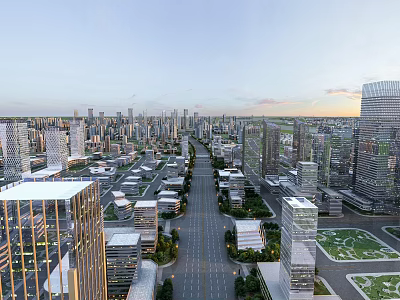 Modern Urban Aerial View Planning With Skyscrapers Wide Avenues Green Spaces And Sunset Sky 3d model