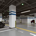 Modern Parking Garage With Yellow White Arrow Markings White Columns Blue Stripes And Parked Cars