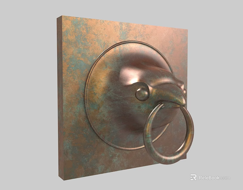 Vintage Copper Door Handle With Circular Base And Ring Shaped Loop 3d model 