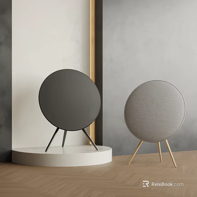 Modern Wireless Speakers With Dark Gray Light Gray Design And Black Gold Stands 3d model 