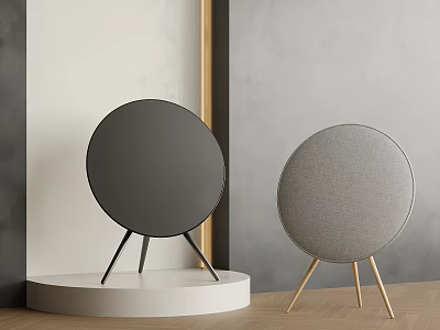 Modern Wireless Speakers With Dark Gray Light Gray Design And Black Gold Stands 3d model