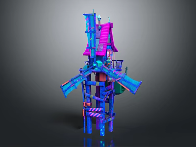 Colorful Cartoon Scene Featuring Playful Tower Windmill Blades Stairs And Platforms 3d model