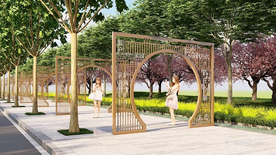 Modern Wooden Archway With Lattice Design In Garden Surrounded By Green Trees 3d model 