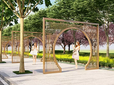 Modern Wooden Archway With Lattice Design In Garden Surrounded By Green Trees 3d model
