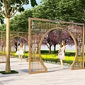 Modern Wooden Archway With Lattice Design In Garden Surrounded By Green Trees