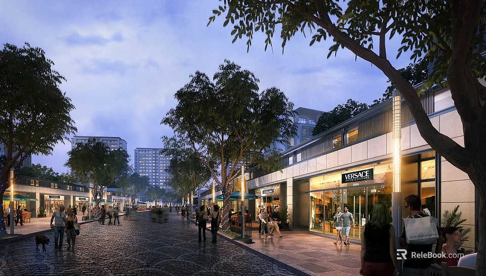 Vibrant Commercial Street with Pedestrians Walking Lined with Trees and Modern Storefronts Under Evening Illumination 3d model 