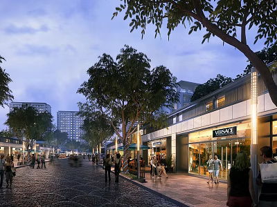 Vibrant Commercial Street with Pedestrians Walking Lined with Trees and Modern Storefronts Under Evening Illumination 3d model