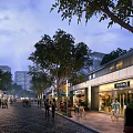 Vibrant Commercial Street with Pedestrians Walking Lined with Trees and Modern Storefronts Under Evening Illumination