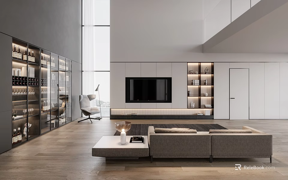 Modern Duplex Living Room Interior Design With High Ceiling Large Windows And Modern Sofa 3d model